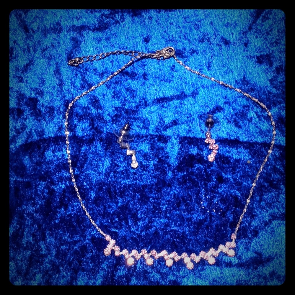 Pink Rhinestones Gold Necklace and Earrings